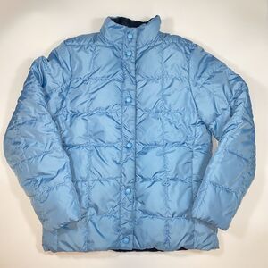 LL Bean Goose Down Reversible Puffer Jacket Women X-Small Black Blue Snaps